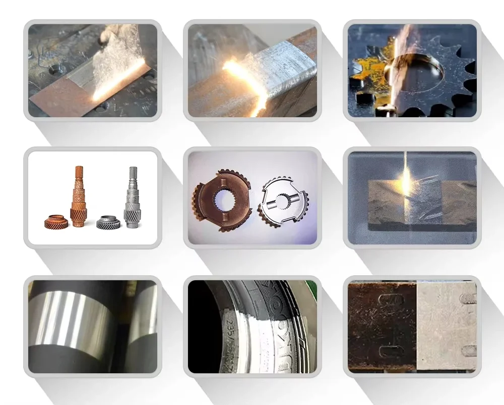 Before and after industrial applications of fiber laser cleaning, demonstrating non-destructive rust removal, paint stripping, gear degreasing, and tire mold maintenance.