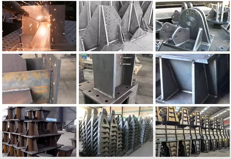 Gallery demonstrating proven robotic welding capabilities, featuring high-penetration fillet welds on heavy steel structures, roof beams, and complex metal nodes.